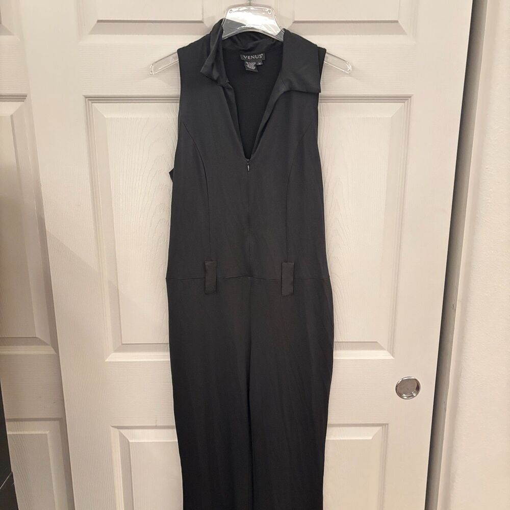 Venus Black Sleeveless Collared Zip Front Belted Jumpsuit Women's Size Medium